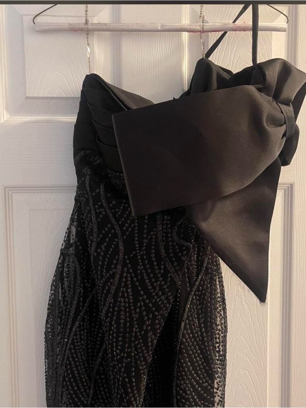 Elegant Black Beaded Evening Dress with Dramatic Bow